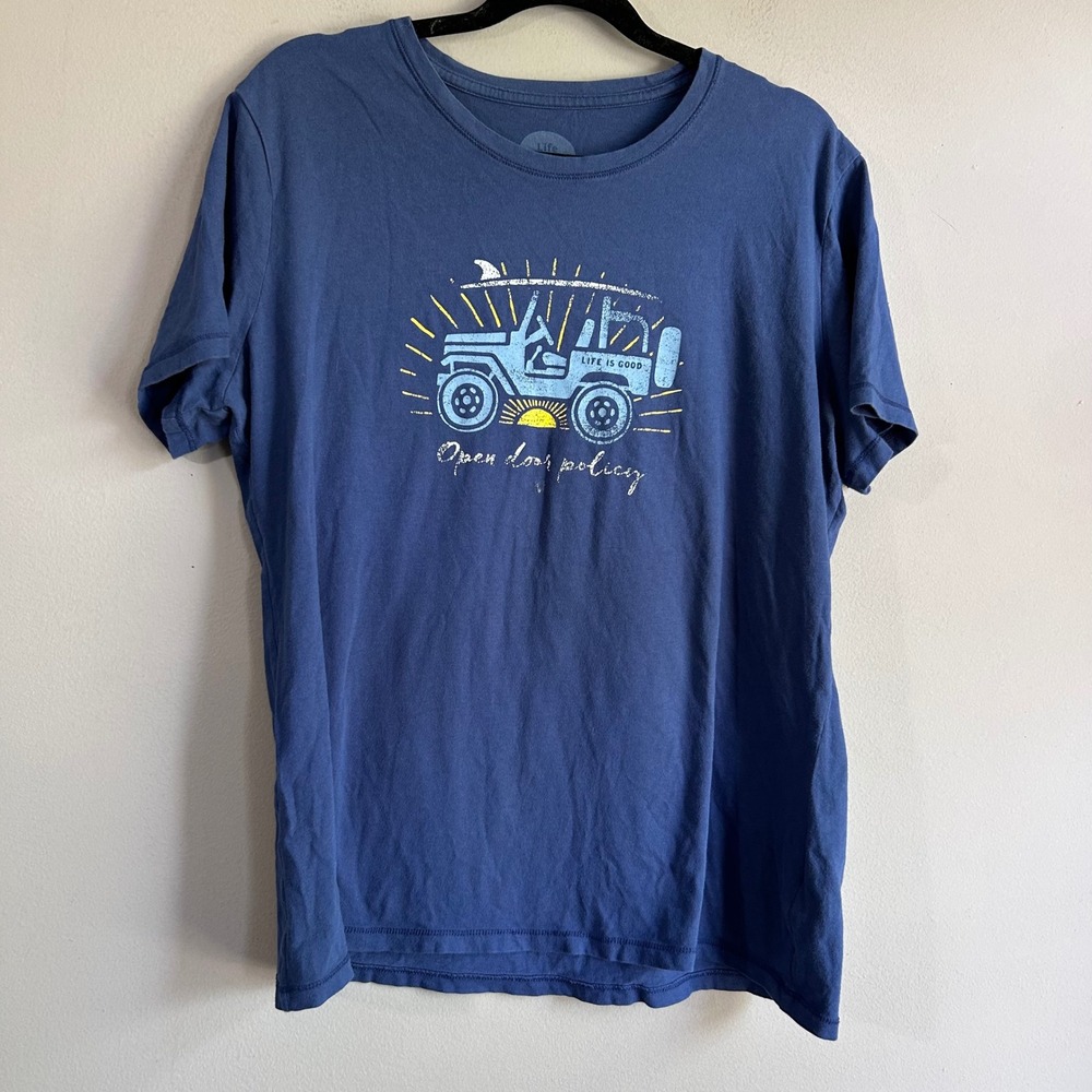Life is Good Womens Blue Open Door Policy Graphic T-Shirt Cotton Large L Classic